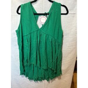 Umgee Green Linen Blend Babydoll Tank Top Frayed High Low Hem Small NWT